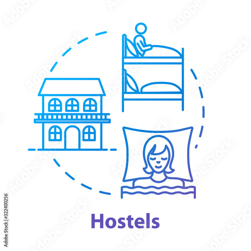 Hostels concept icon. Affordable accommodation, budget travel idea thin line illustration. Cheap hotel service, inexpensive guesthouse lodging. Vector isolated outline RGB color drawing
