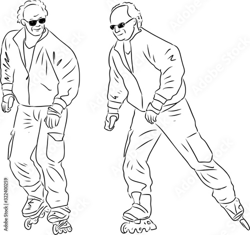 Vector outline drawings of elderly townsmen roller skating