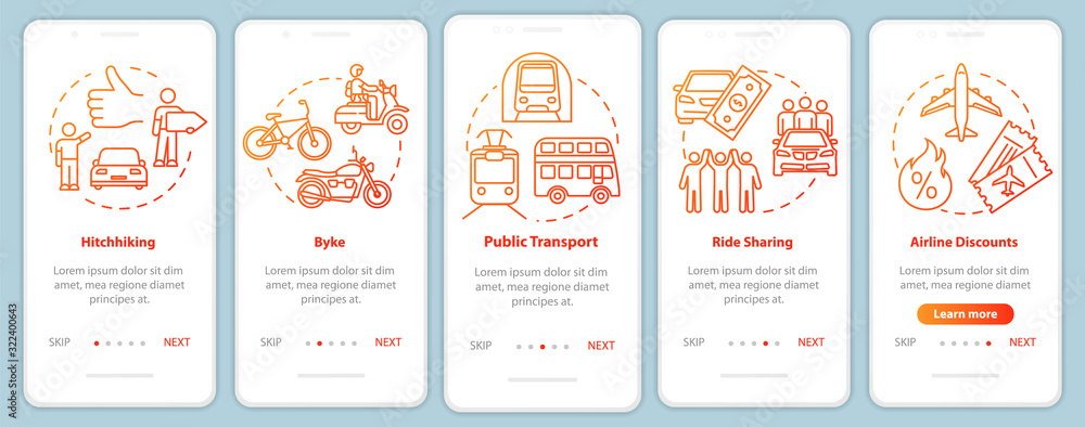 Transportation onboarding mobile app page screen with concepts. Car sharing. Frugality. Cheap tourism walkthrough five steps graphic instructions. UI vector template with RGB color illustrations