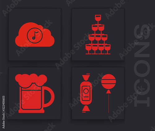 Set Lollipop , Music streaming service , Wine glasses stacked in a pyramid tower and Wooden beer mug icon. Vector