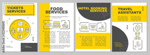 Trip amenities brochure template. Booking and catering. Cheap tourism. Flyer, booklet, leaflet print, cover design with linear icons. Vector layouts for magazines, annual reports, advertising posters