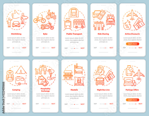 Transport and sleeping onboarding mobile app page screen with concepts. Cycling. Cheap hotel. Budget tourism walkthrough steps graphic instructions. UI vector template with RGB color illustrations