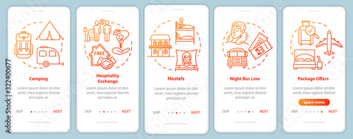 Passing night onboarding mobile app page screen with concepts. Sleep in bus. Budget hotel. Cheap tourism walkthrough five steps graphic instructions. UI vector template with RGB color illustrations