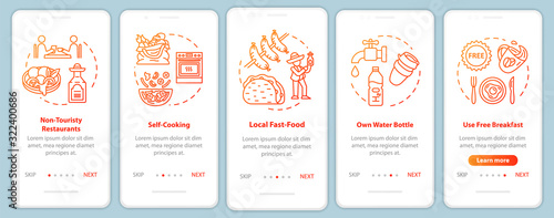 Cheap food onboarding mobile app page screen, concepts. Street vendors. University canteens. Inexpensive trip walkthrough five steps graphic instructions. UI vector template, RGB color illustrations