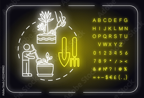 Soil fluffing neon light concept icon. Houseplants caring. Indoor flowers concern. Potted ground loosen idea. Outer glowing sign, alphabet, numbers and symbols. Vector isolated RGB color illustration