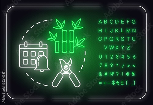 Regular prune plant neon light concept icon. Home potted flower caring. Cutting off dead branches or stems idea. Outer glowing sign, alphabet, numbers, symbols. Vector isolated RGB color illustration