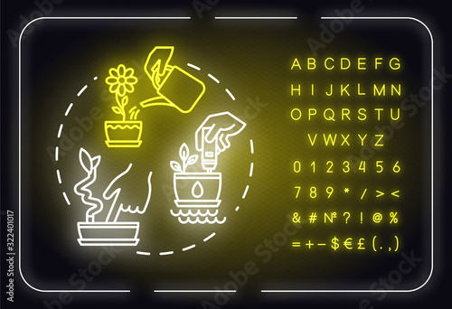 Soil moist neon light concept icon. Indoor potted flowers concern. Houseplants caring idea. Outer glowing sign with alphabet, numbers and symbols. Vector isolated RGB color illustration