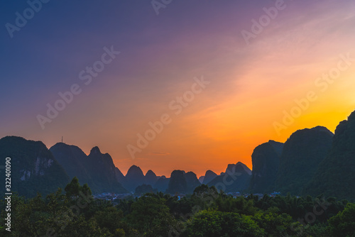 Yangshuo landscape panorama at dusk