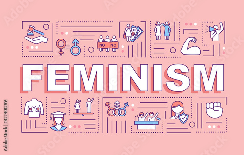 Feminism word concepts banner. Feminist movement. Womens rights protection. Activism. Infographics with linear icons on pink background. Isolated typography. Vector outline RGB color illustration