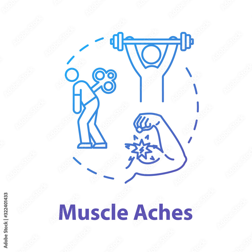 Muscle aches concept icon. Medical problem. Physical strain. Arm inflammation. Hurt from overwork. Joint pain. Influenza symptom idea thin line illustration. Vector isolated outline RGB color drawing Muscle aches concept icon. Medical problem. Physical strain. Arm inflammation. Hurt from overwork. Joint pain. Influenza symptom idea thin line illustration. Vector isolated outline RGB color drawing