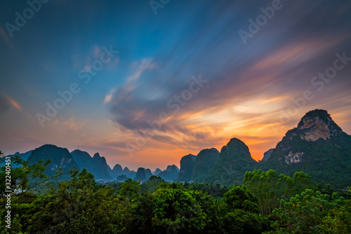 Yangshuo landscape panorama at dusk