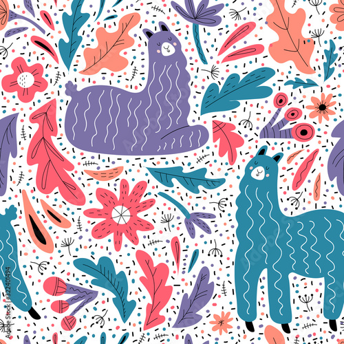 Cute llama flat hand drawn seamless pattern