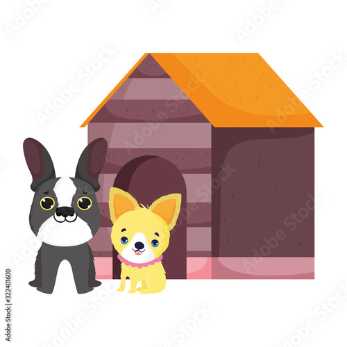 dogs sitting front wooden house canine cartoon pets