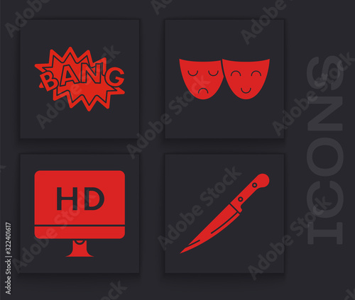 Set Knife , Bang boom text speech bubble balloon , Comedy and tragedy theatrical masks and Computer PC monitor with HD video technology icon. Vector