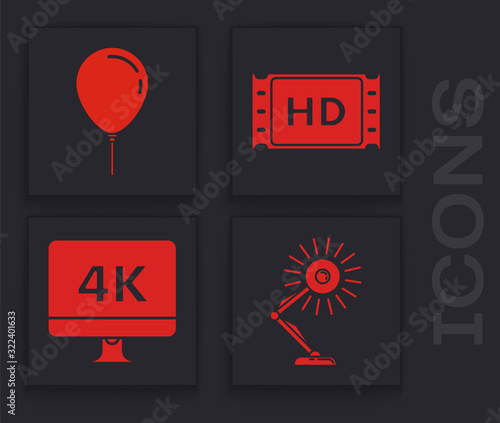 Set Table lamp , Balloon with ribbon , 4k movie, tape, frame and Computer PC monitor with 4k video technology icon. Vector