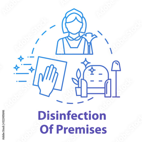 Disinfection of premises concept icon. Sterile surface. Sanitation at home. Cleaning service. Hand wiping furniture. Housework idea thin line illustration. Vector isolated outline RGB color drawing
