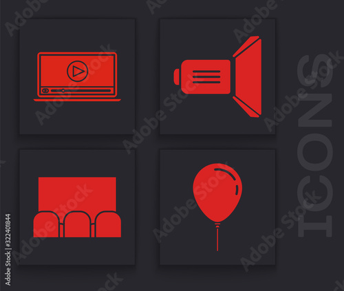 Set Balloon with ribbon , Online play video , Movie spotlight and Cinema auditorium with screen and seats icon. Vector