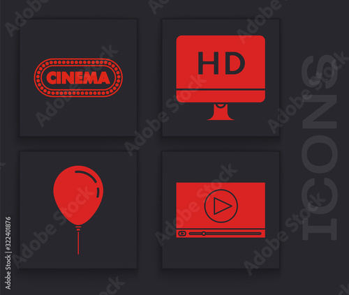 Set Online play video , Cinema poster design template , Computer PC monitor with HD video technology and Balloon with ribbon icon. Vector