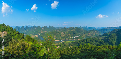 Panorama of Yangshuo karst landscape seen from Xianggong Hill