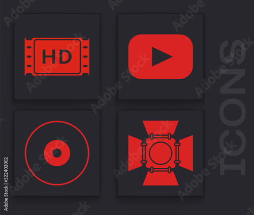 Set Movie spotlight , 4k movie, tape, frame , Play and CD or DVD disk icon. Vector