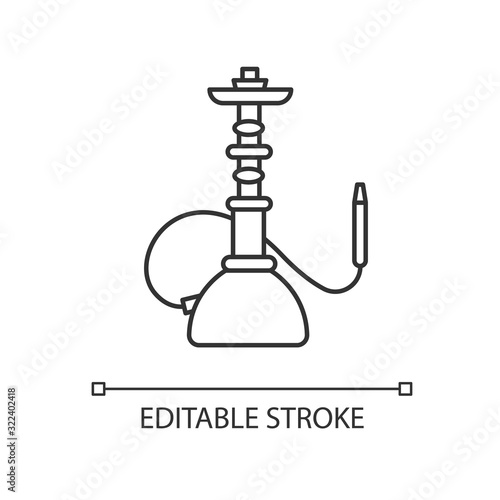 Hookah pixel perfect linear icon. Sheesha house. Shisha bar for leisure. Nargile lounge. Thin line customizable illustration. Contour symbol. Vector isolated outline drawing. Editable stroke