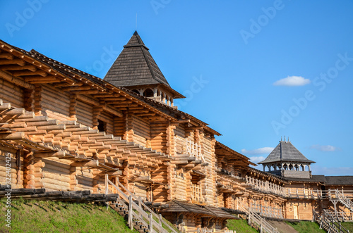 Park Kievan Rus, a fragment of the ancient architecture of Kiev. Historic Place - the Cossack village of Kievan Rus. vintage wooden houses, Ukraine photo