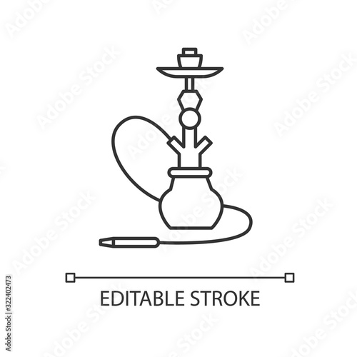 Hookah pixel perfect linear icon. Sheesha house. Nargile lounge. Odor from pipe. Scent of vape. Thin line customizable illustration. Contour symbol. Vector isolated outline drawing. Editable stroke