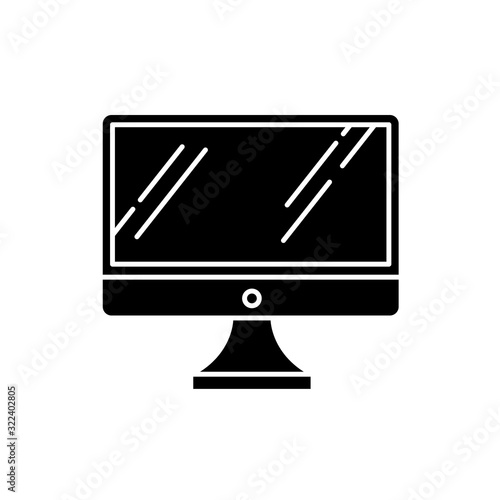 Desktop computer monitor black glyph icon. Regular personal computer. Display, screen. Electronic gadget. Digital device. Technology. Silhouette symbol on white space. Vector isolated illustration