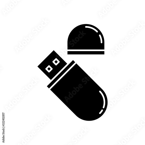 USB flash drive black glyph icon. Compact data storage device. Memory stick. Thumb drive, key. Transferring information. Silhouette symbol on white space. Vector isolated illustration