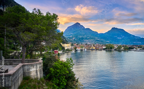 Beautiful landscape. View of Lake Garda and the Ponale trail carved into the rock of the mountain , Riva del Garda,Italy. Popular destinations for travel in Europe
