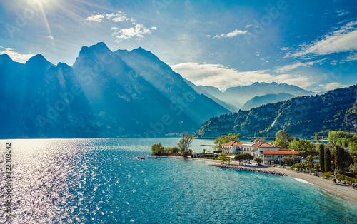 Panorama of Torbole a small town on Lake Garda, Italy. Europa.beautiful Lake Garda surrounded by mountains in the summer time