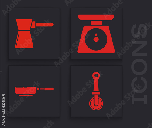 Set Pizza knife , Coffee turk , Scales and Frying pan icon. Vector