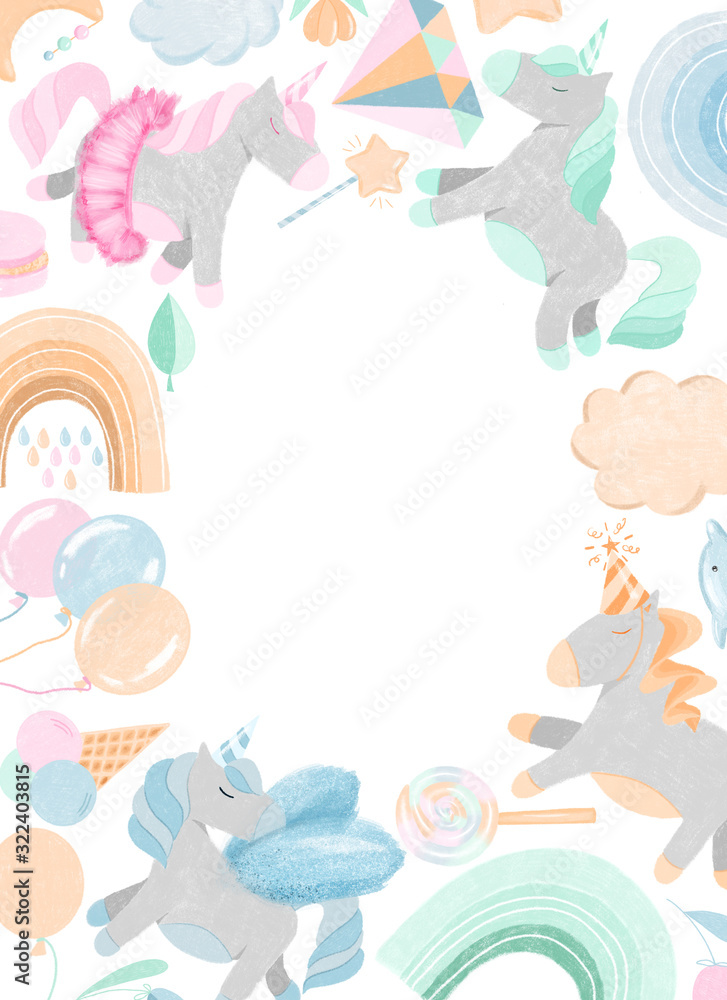 Frame, card template with unicorns, crystals, clouds and other magic elements in pastel colors, greeting card, birthday, invitation, baby shower card design