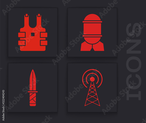 Set Radar , Bulletproof vest for protection from bullets , Aviation bomb and Military knife icon. Vector photo