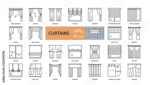 Set window curtains 25 icons with editable stroke. French, Austrian, Japanese, classic curtains, blinds, drapery, wicker, for the bathroom. Thin symbols for interior design, textiles shop. photo