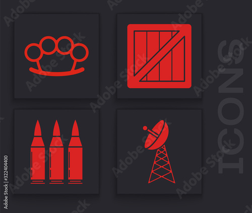 Set Radar , Brass knuckles , Military ammunition box and Bullet icon. Vector