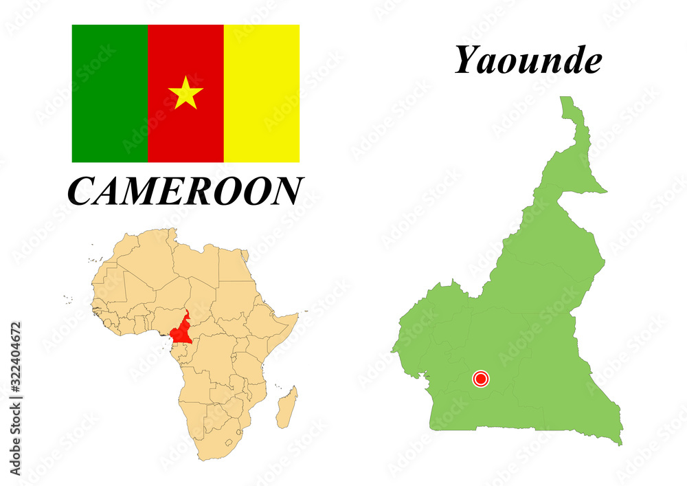Republic of Cameroon. Capital Of Yaounde. Flag Of Cameroon. Map of the continent of Africa with country borders. Vector graphics.