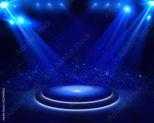 Illuminated stage with scenic lights and smoke. Blue vector spotlight with smoke volume light effect on black background. Stadium cloudiness projector. Mist show room. Vector. EPS 10