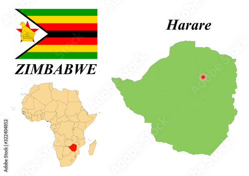 Republic of Zimbabwe. Capital Of Harare. Flag Of Zimbabwe. Map of the continent of Africa with country borders. Vector graphics.