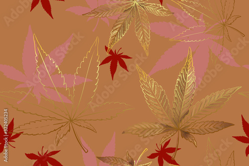 Seamless pattern of gold cannabis leaves. Pattern of yellow orange marijuana leaf.