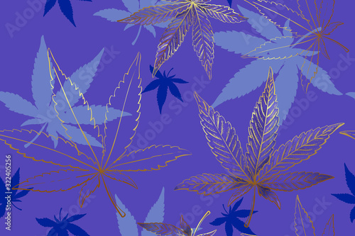 Seamless pattern of gold cannabis leaves. Pattern of blue or lilac marijuana leaf.