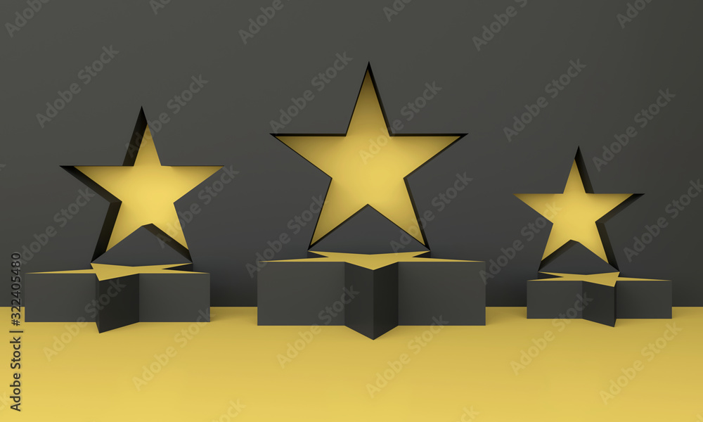 Fototapeta premium Abstract geometric star shape background for product display; fashion podium, blank mock up template; minimalist empty showcase; black and yellow niche 3d rendering, 3d illustration