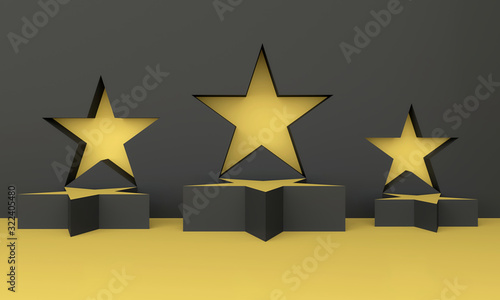 Abstract geometric star shape background for product display; fashion podium, blank mock up template; minimalist empty showcase; black and yellow niche 3d rendering, 3d illustration