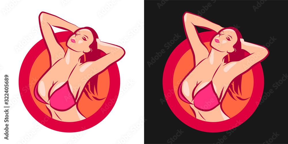 Girl in Bra with Big Boobs. Nude lady in Vector Round Emblem illustration  for Bra store or Sex Shop. Stock Vector
