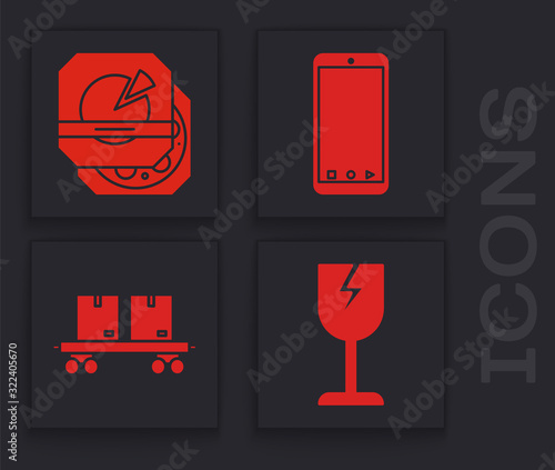 Set Fragile broken glass symbol, Pizza in cardboard box , Mobile phone with app delivery tracking and Railway carriage icon. Vector