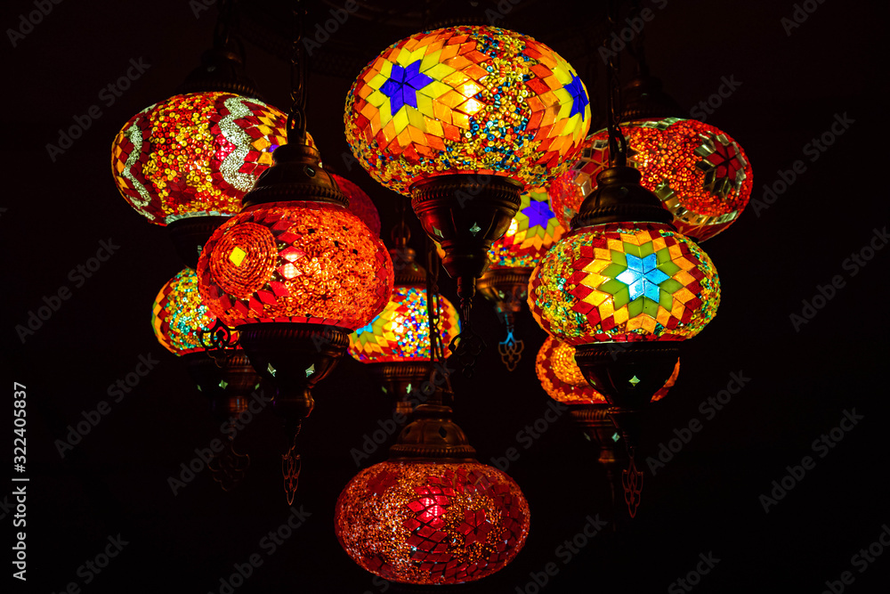 Traditional Turkish mosaic lamp oriental at night macro