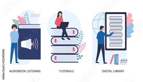 The concept of listening to audio books, studying tutorials, a digital library. Set of 3 vector flat illustrations on a white background. Young men and women read and listen to books, download online.