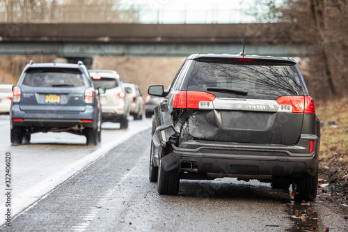 Car crash accident on highway at day nobody