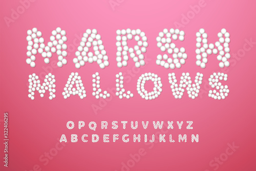 Sugar chewy sweets type for modern american delicious logo, candy monogram, kids holiday design. Heap white dots alphabet, tasty snack font. Top view marshmallows letters, vector typography design