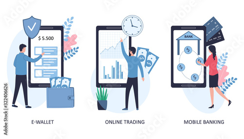 Concept electronic wallet, online trading, mobile banking. Set of 3 vector flat illustrations on a white background. Money transfers, cashless payments, purchase and sale of shares.